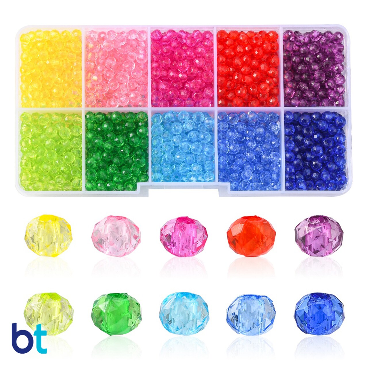 BeadTin Transparent 4mm Faceted Rondelle Plastic Beads (Box/10 Colors)